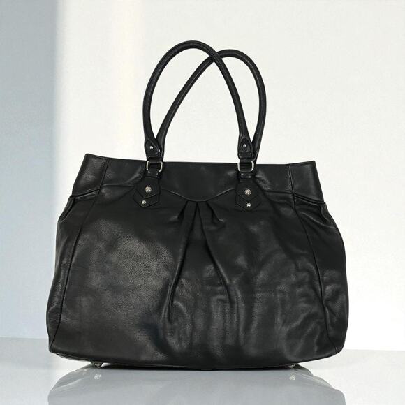 PERLINA NEW YORK Leather Tote Shoulder Bag Black Office Business Everyday Travel - Picture 1 of 11